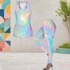 Women Plus Size Black Blue Purple Two Piece Set Scoop Neck Sleeveless Printed Longline Tank Top Fitted Leggings