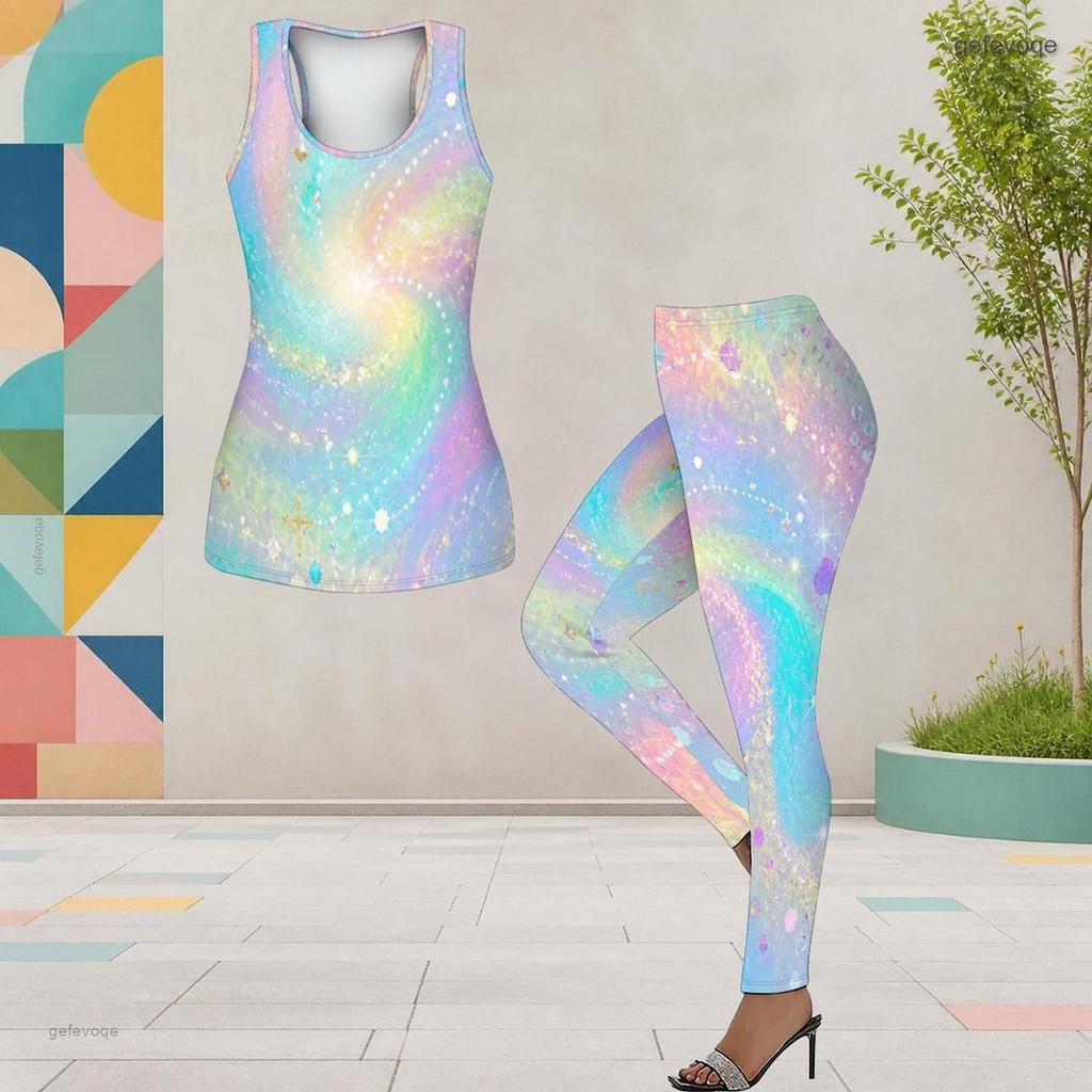 Women Plus Size Black Blue Purple Two Piece Set Scoop Neck Sleeveless Printed Longline Tank Top Fitted Leggings