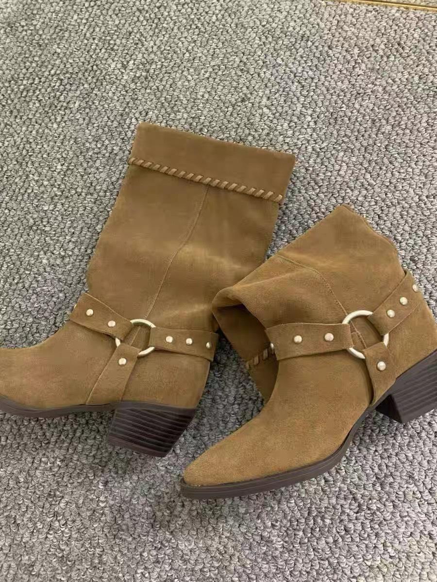 

Версия из овчины~ ретро нишевые остроносые ботильоны на толстом каблуке с заклепками, ковбойские ботинки в западном стиле, женские ботинки с мехом, рыцарские ботинки 40 коричневый