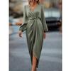 Elegant Cross-Neck Ruched Slit Dress with Puff Sleeves and Irregular Hem