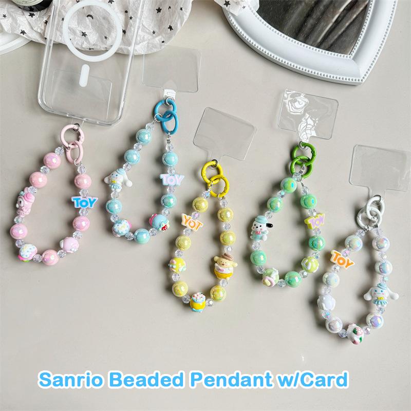 Sanrio Beads Phone Pendant Hello Kitty Kuromi Melody Keychain Wrist Strap Bag Decor Car Keyring W/Card