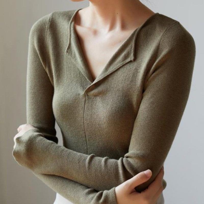 

Трикотаж в стиле французского темперамента серого цвета с V-образным вырезом для женщин, тонкий стиль, с высоким чувством стиля, облегающий крой, стройнящий, базовый слой для ношения под одеждой, свитер-топ XL дубильная кора