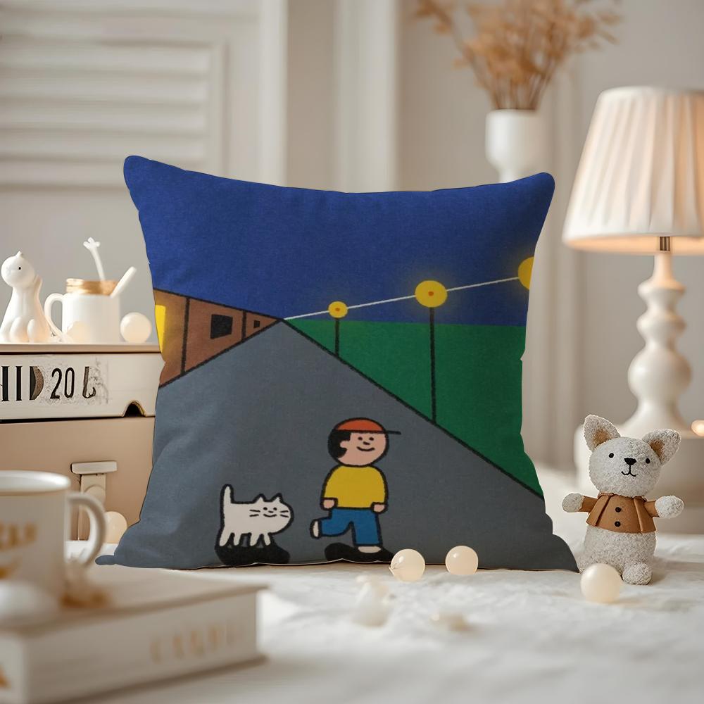 Cat Daily Life Illustrations Cushion Cover Pattern Printed Pillowcase For Living Room Sofa Cushion Cover & Bedroom Decor