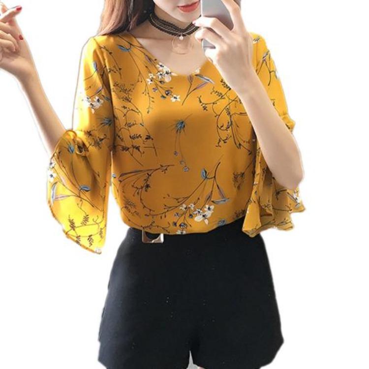 Fashion Flower Print Chiffon Blouse V Neck Half Flare Sleeve Office Lady Shirt