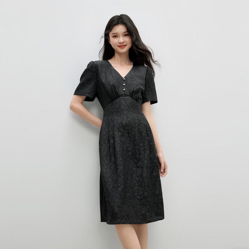 Retro Jacquard Bubble Sleeve V-Neck Dress