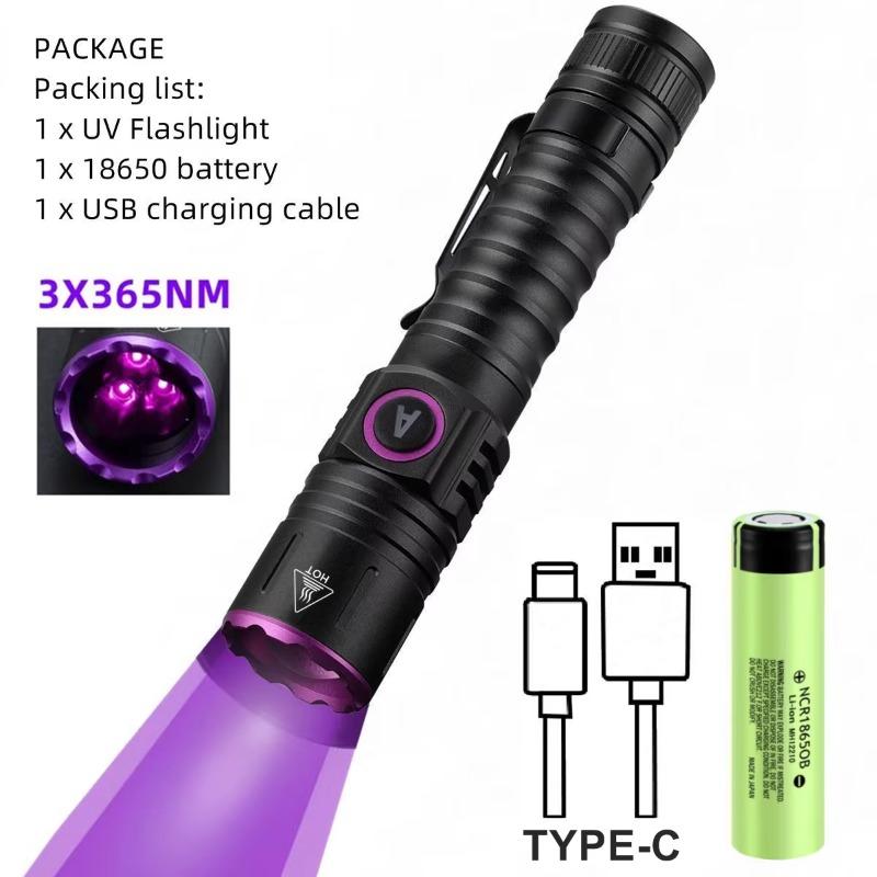365/395nm UV Flashlight Zoom 5W Type C USB Rechargeable Black Light for Resin Curing, Pet Urine Detection, Scorpion with Battery