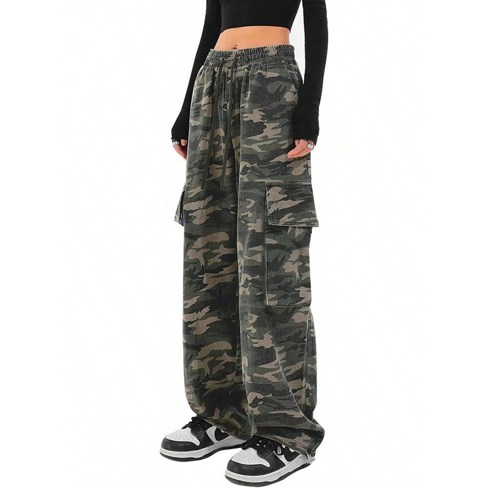 American multi-pocket camouflage casual pants women's loose straight pleated design wide-leg trousers