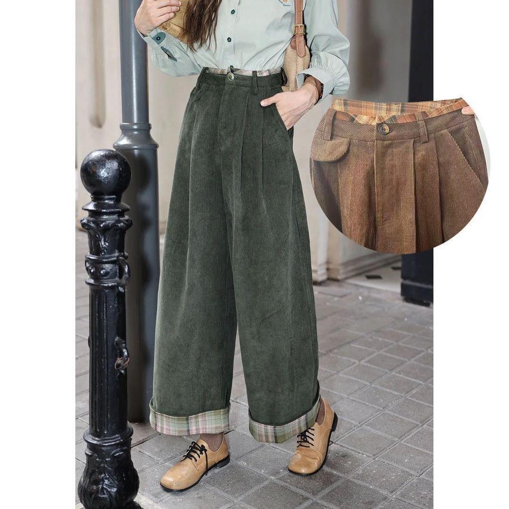 Corduroy Patchwork Casual Pants - Fashionable, Contrasting Colors, Loose Fit, Woolen Long Trousers