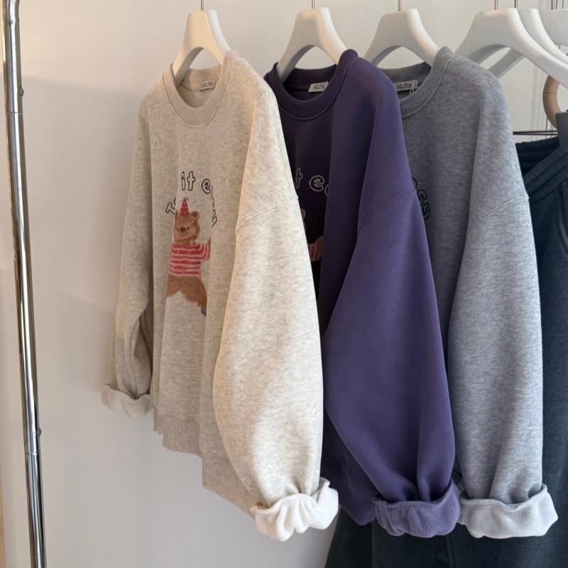 Winter Velvet Cartoon Bear Stripe Hoodie - Women s Loose Korean Style Fleece Top Striped Bear Purple