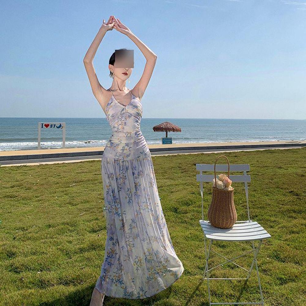 Seaside Vacation Wind Neck Collar Floral Beach Skirt Summer Women's Sweet Waist Dress