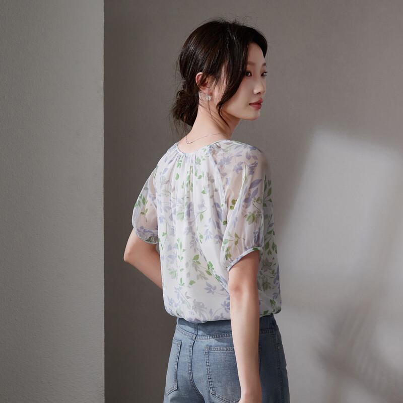 SOFSIL 2026 Summer Mulberry Silk V-Neck Print Short Sleeve Shirt