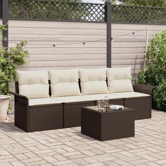 Set de Canapés de Jardin 5 pièces avec Coussins Marron Rattan Poly, Canapé de Jardin 2 Places avec Rangement et Coussins 3353897