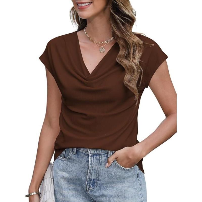 JPNTKY Women's Fashion Casual Solid Color Print Short Sleeve V Neck Blouses & Shirts
