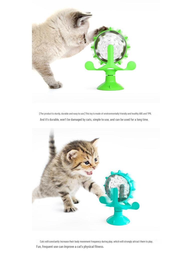 Cat Toy Turntable: Spinning Windmill, Treat Dispenser, Teaser Wand, and Teaser Stick.