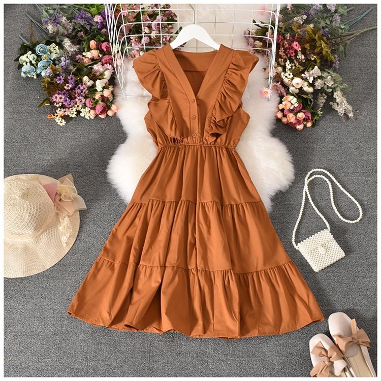 Fashion Ruffle Dress Women Sweet V Neck Sleeveless Pleated Dress Casual Summer Dress Vestidos