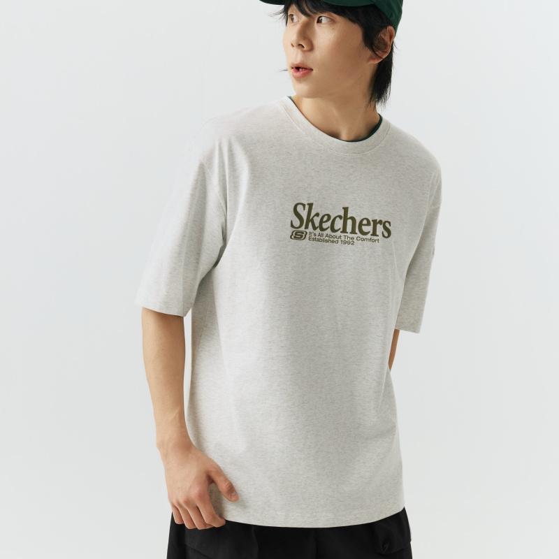 Skechers Knitted Loose Round Neck Short Sleeve Comfortable Breathable High Street Casual T-Shirt Men tops L226M004-0248