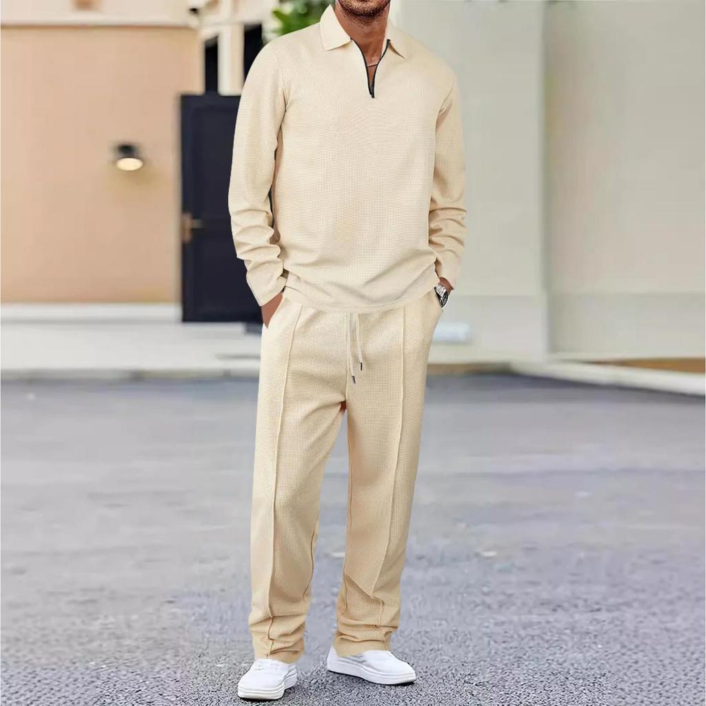 Set Sportivo Casual da Uomo Monocolore, Camicia a Maniche Lunghe a Righe, Top con Scollo Quadrato e Mezza Zip, Set Pantaloni con Coulisse