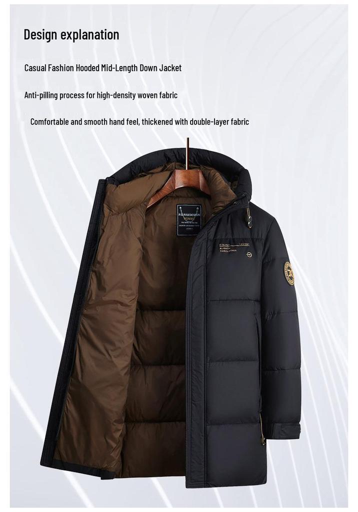 Men's Hooded Winter Puffer Jacket - Mid-Length, Warm, Loose Fit, 90% White Duck Down
