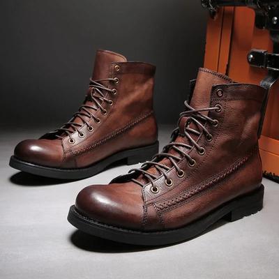 Retro Boots Men Platform Motorcycle Booties Solid Color Lace Up Ankle Boots New Casual High-top Shoes Autumn Winter