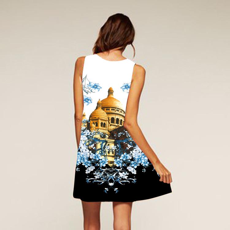 European Station European and American new retro digital printing round neck hot-selling off-the-shoulder medium and long vest dress