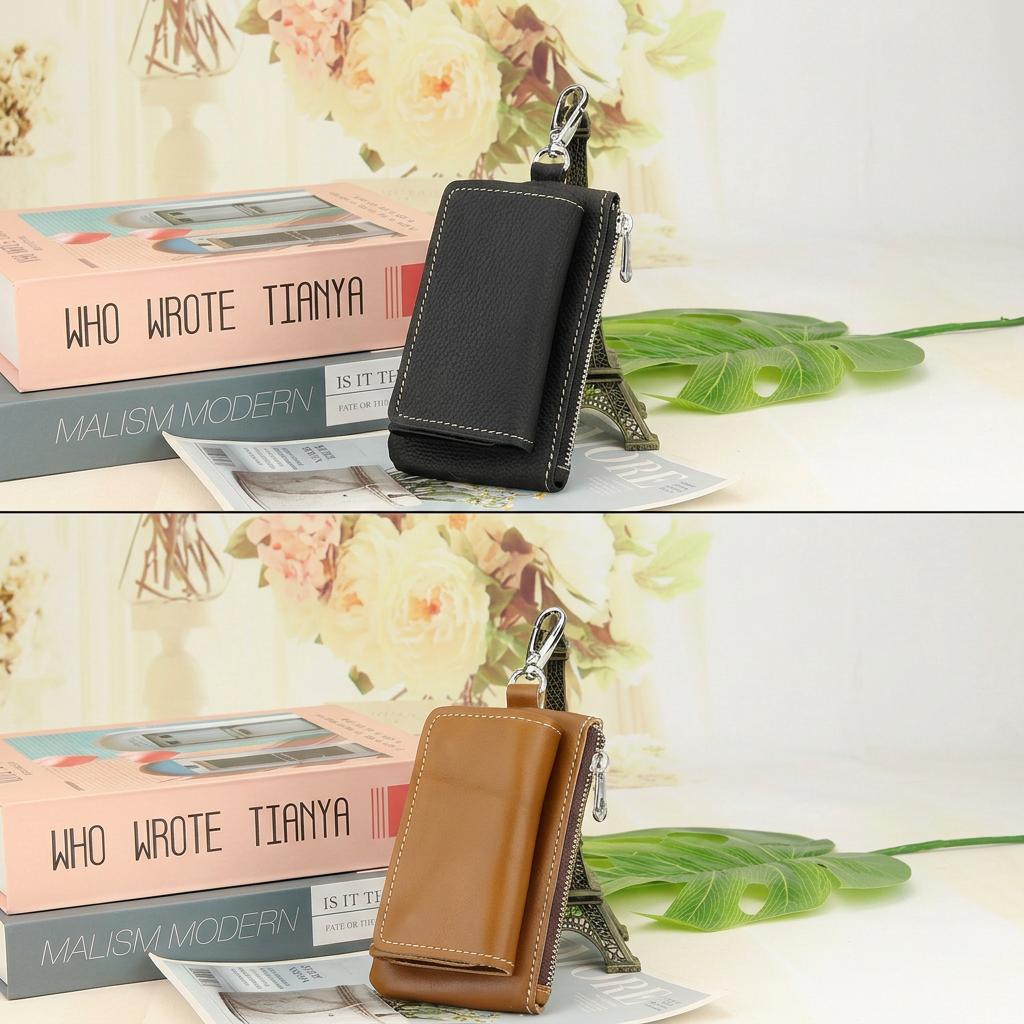 Multifunctional Key Organizer Genuine Leather Coin Pocket Key Holder With Zipper Pocket Top Grain Trifold Key Wallet