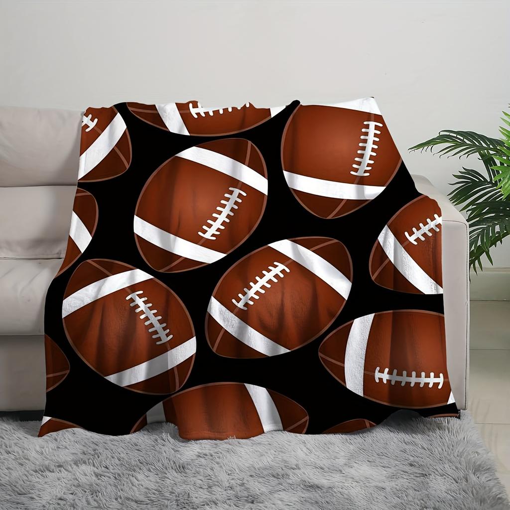 [Ruggy-Themed Flannel Blanket] 1pc Soft All-Season Rugby-Themed Flannel Blanket | American Football Pattern, Machine Washable