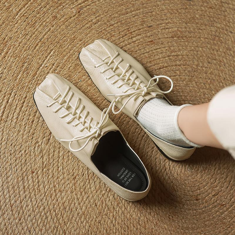 Fashion Size 34-40 Retro Low Heel Shoes for Women Real Leather Lace-Up Low Heels Shoes Vintage Spring 2025 New Office Lady Daily Dress