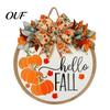 Decorative Hanging Pumpkin Hello Fall Door Hanger, Wooden Welcome Sign with Bow, Thanksgiving Party Supplies Rustic Autumn Wreath for Front