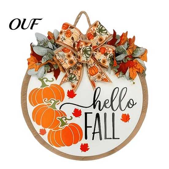 Decorative Hanging Pumpkin Hello Fall Door Hanger, Wooden Welcome Sign with Bow, Thanksgiving Party Supplies Rustic Autumn Wreath for Front