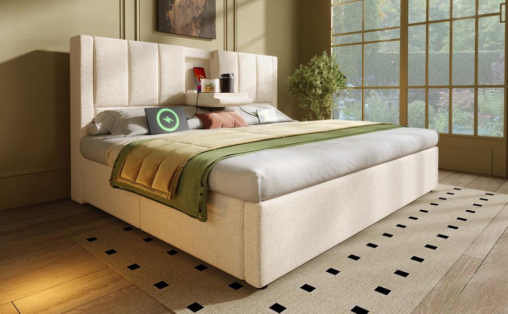Upholstered Bed 140x200 cm Double with Hidden Cup Holder & Charging Station, Hydraulic with Storage Under the Bed, Linen Beige (Without Mattress)