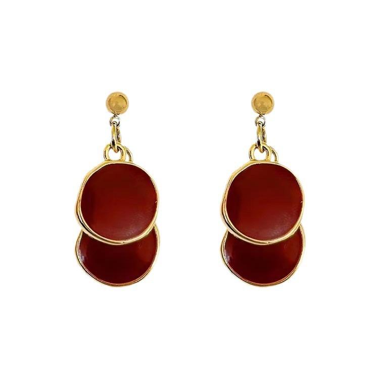 Vintage Maillard Wine Red Earrings Elegant Stud Jewelry For Women Autumn Winter Fashion