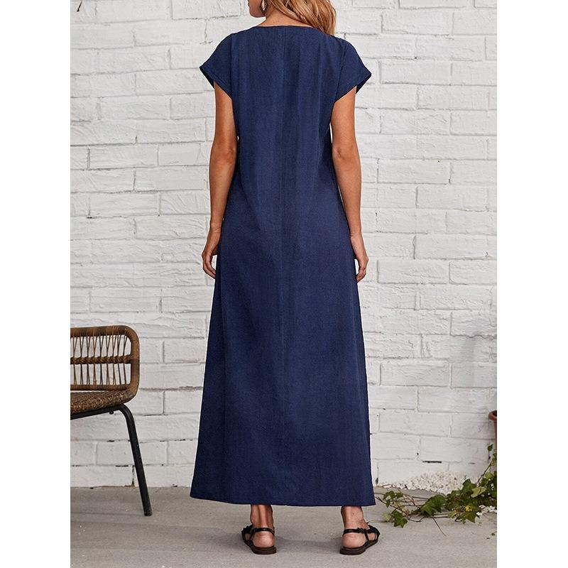 Summer Round Neck Short Sleeve Fashion Women Dress Loose Casual Solid Color Basic A-line Party Long Dresses Female Elegant Office Clothing