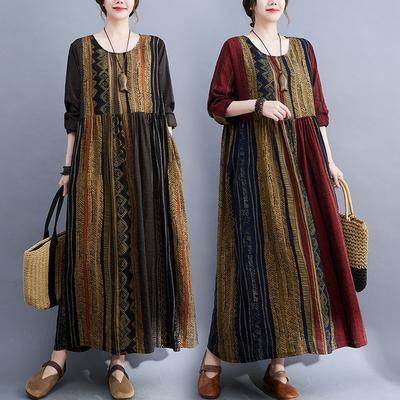 Rochie pendul cu mâneci lungi, cu gât rotund, stil etnic retro nou de toamnă timpurie, care întinerește, pentru femei