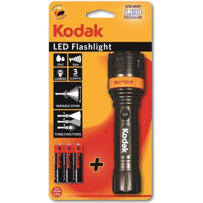 KODAK Lampe Torche LED Focus 157 Flashlight 1000mW + 3 Piles LR03/AAA HD - Noir