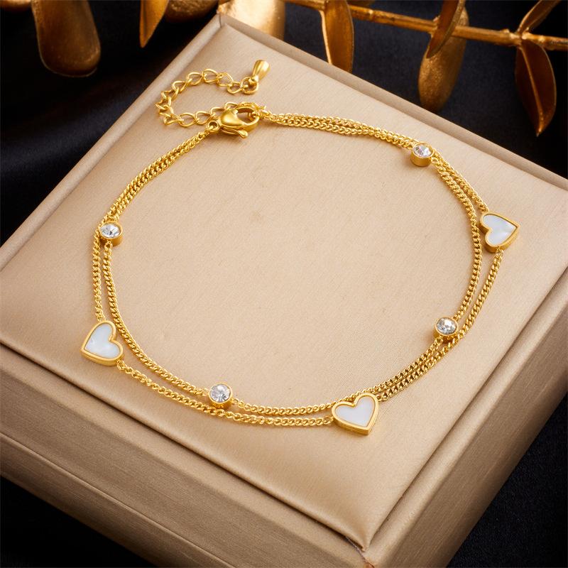 18K Gold Plated Layered Black Enamel Heart CZ Anklet, Dainty Double Chain Foot Bracelet for Women, Trendy Jewelry