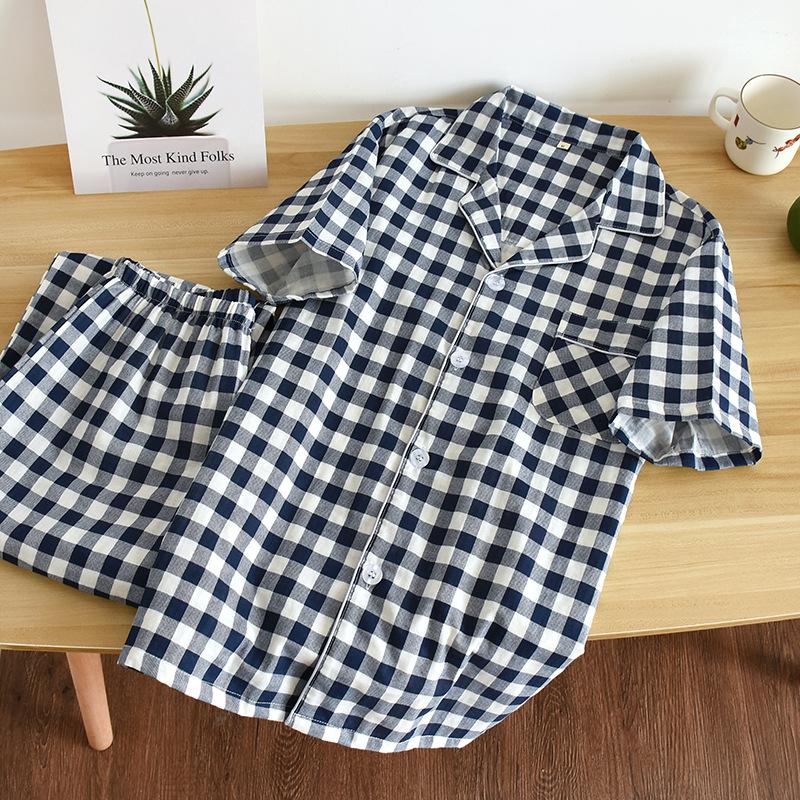 Couple plaid loungewear cotton gauze short-sleeved trousers pajamas women's thin men's spring and summer suit cotton yarn