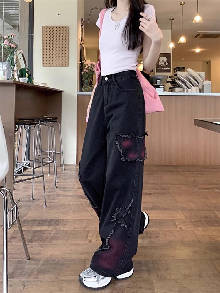 Women s Retro Tie-Dye High-Waist Wide-Leg Jeans: Black Butterfly Design Medium