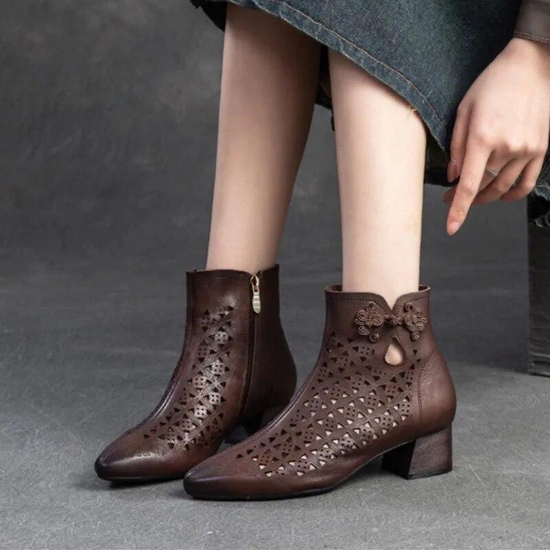 Johnature Pointed Toe Pumps Breathable Hollow Boot Genuine Leather Retro Mid Heel Women's Shoes