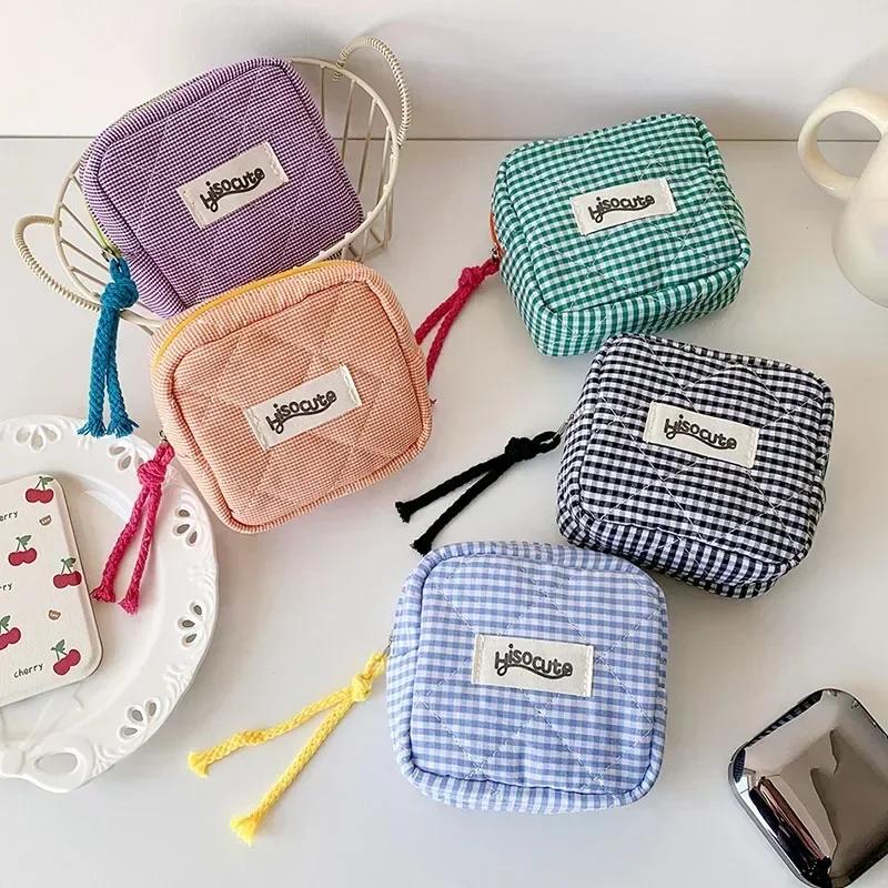 Mini Plaid Makeup Bags Headphone Key Lipstick Storage Bag Minimalist Checkered Cosmetic Bag Makeup Pouch Small Zipper Coin Purse