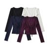 V-Neck Lace Trim Tie-Up Long Sleeve Slimming Bodycon Cropped T-Shirt for Women (Spring/Autumn)