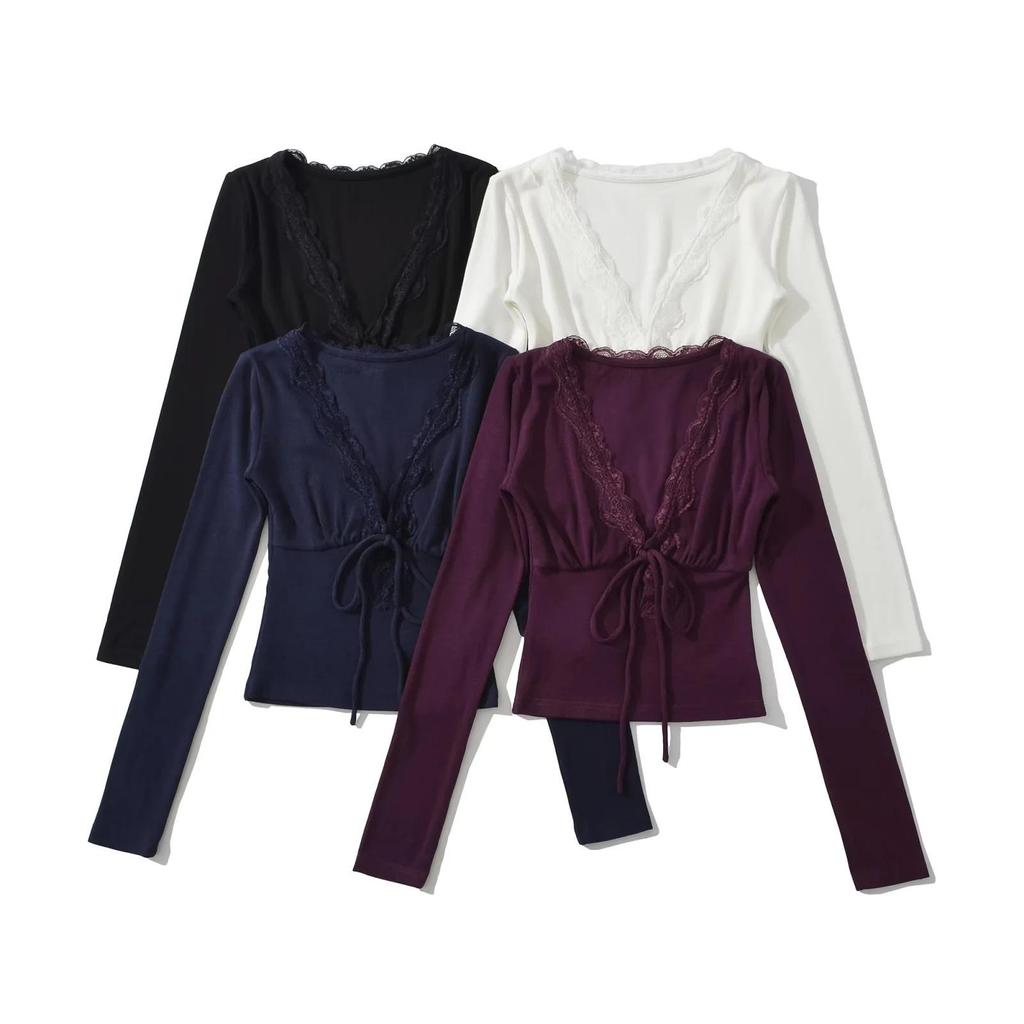 V-Neck Lace Trim Tie-Up Long Sleeve Slimming Bodycon Cropped T-Shirt for Women (Spring/Autumn)