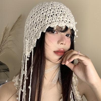 Hollow Pearl Tassel Pendant Bag Head Hat for Women Summer Celebrity Style Knitted Pullover Hat Retro Face Showing Hat