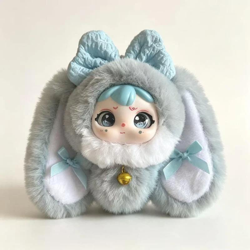 Soft Fluffy Long Eared Bunny Plush Toy Kawaii Face Bow Bell Perfect For Kids Gift Collection Desktop Decor