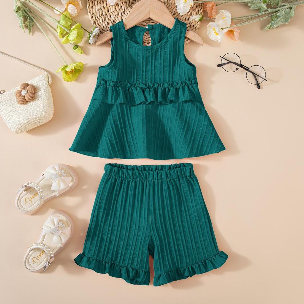 2025 Girls' Sleeveless Ruffle Shorts Set - Lightweight and Breathable for Summer