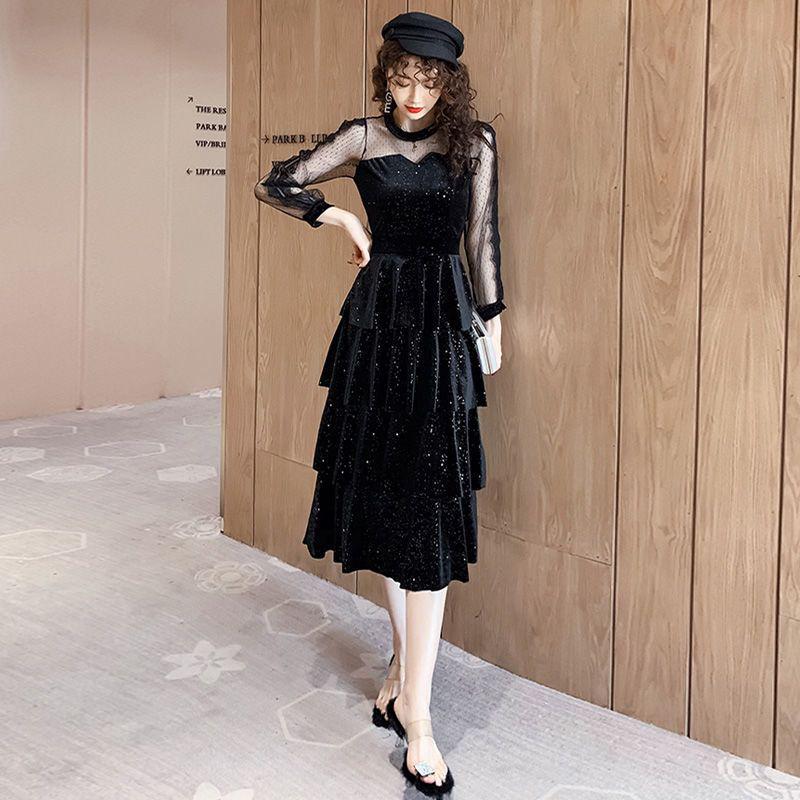2026 A/W Sequined Mesh Patchwork Gold Velvet Slimming Dress S (Recommended 85-99 kg)