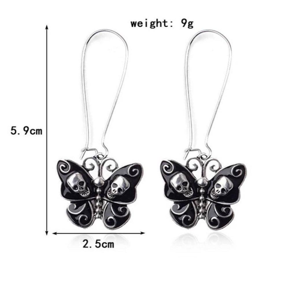 Retro Gothic Black Drip Glaze Butterfly Sliver Color Skull Embossment Pendant Dangle Earrings for Women Halloween Party Jewelry