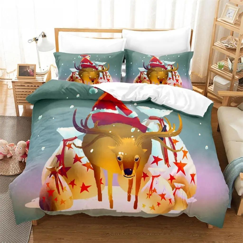Weihnachts-Bettbezug-Set mit Weihnachtsmann-Motiv, Weihnachtsschlitten-Bettwäsche-Set, weich, bequem, atmungsaktiv, Bettbezug für Schlafzimmer und Gästezimmer
