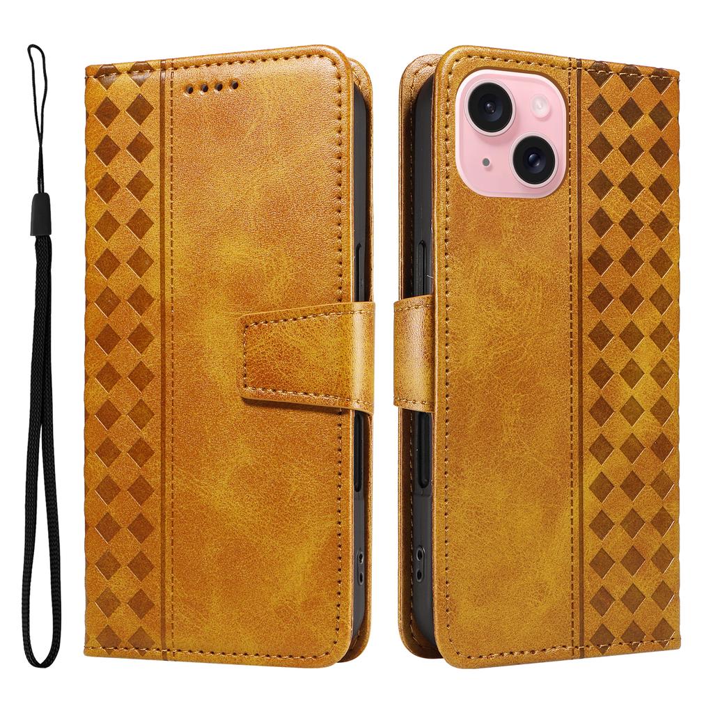 For iPhone 15 Leather Case Wallet Stand Grids Imprinted Phone Cover with Strap