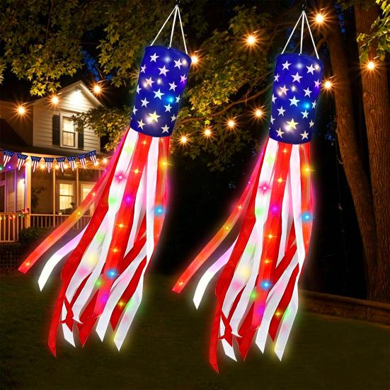 American Flag with Light Weatherproof Wind Flag Independence Day Polyester Patriotic Outdoor Display for Gardens Porches