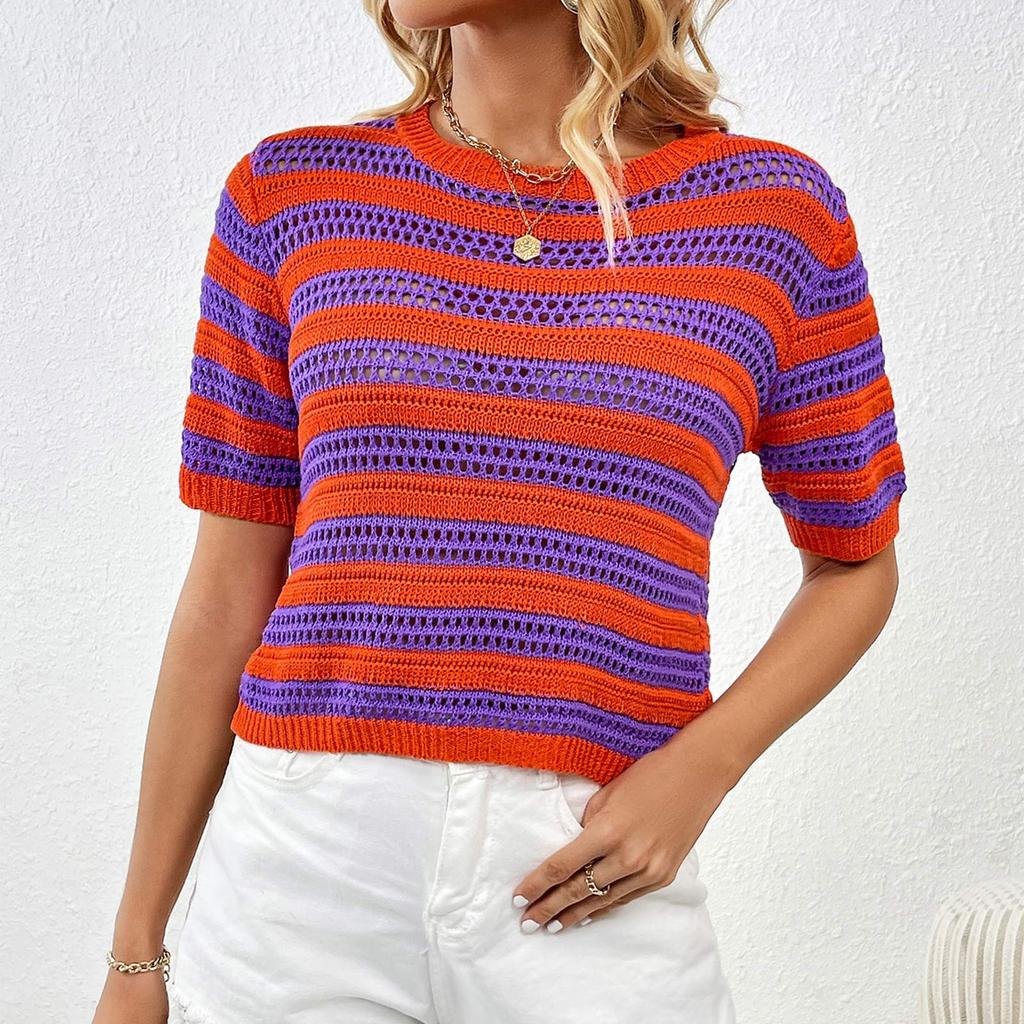 Women's Fashion Button Spliced Pullover Striped Round Neck Short Sleeve Sweater Top
